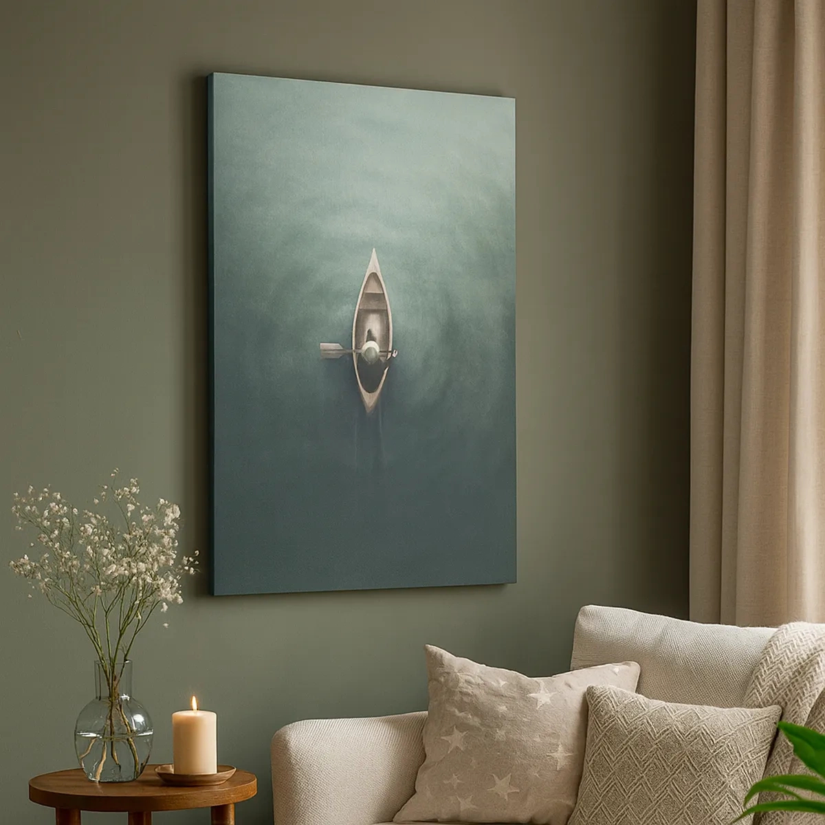 Bild auf Leinwand - Leinwandbild - Ein einsames Boot auf ruhigem Wasser in minimalistischer Umgebung - 50x70cm - Durch den Mondsee - Moderne Wanddekoration für Wohnzimmer und Schlafzimmer ARTTOR