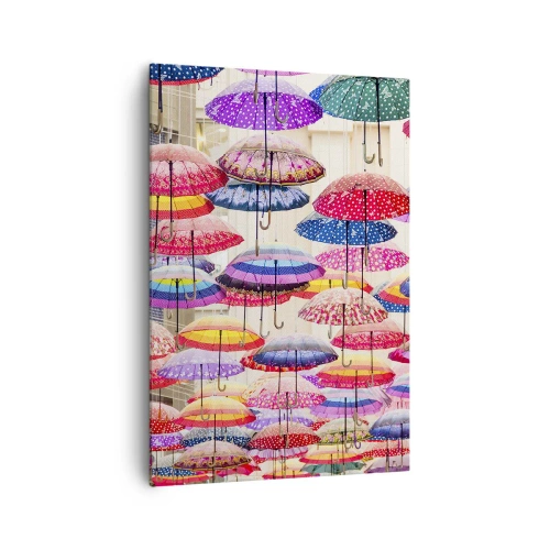 Bild auf Leinwand - Leinwandbild - Bunte Regenschirme schweben in der Luft - 70x100cm - Stadtwiese - Moderne Wanddekoration für Wohnzimmer und Schlafzimmer ARTTOR
