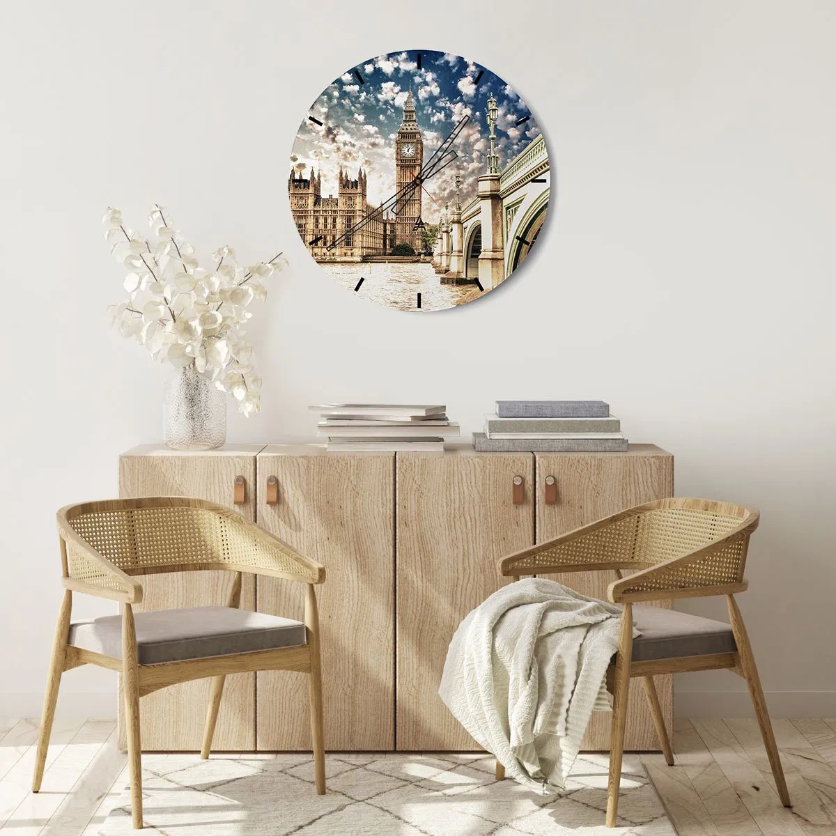 Wanduhr - Glasuhr - Federwolken über der Themse - 40x40 cm
