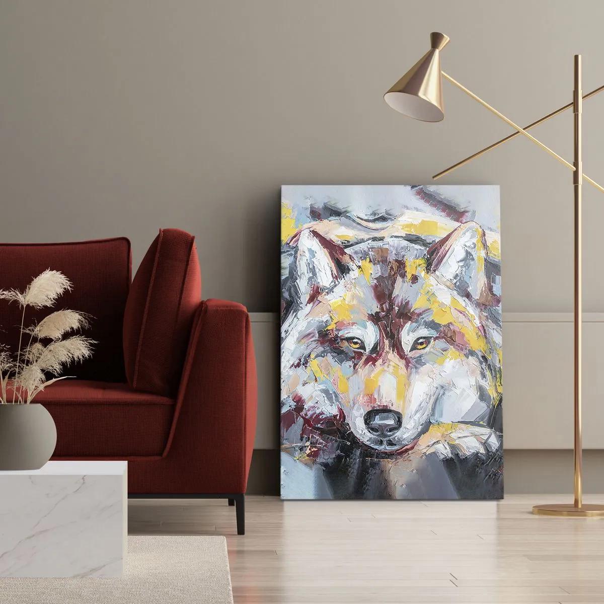 Bild auf Leinwand - Leinwandbild - Künstlerisches Wolfsportrait in intensiven Farben - 70x100cm - Seelenfrieden unter den Lieben - Moderne Wanddekoration für Wohnzimmer und Schlafzimmer ARTTOR
