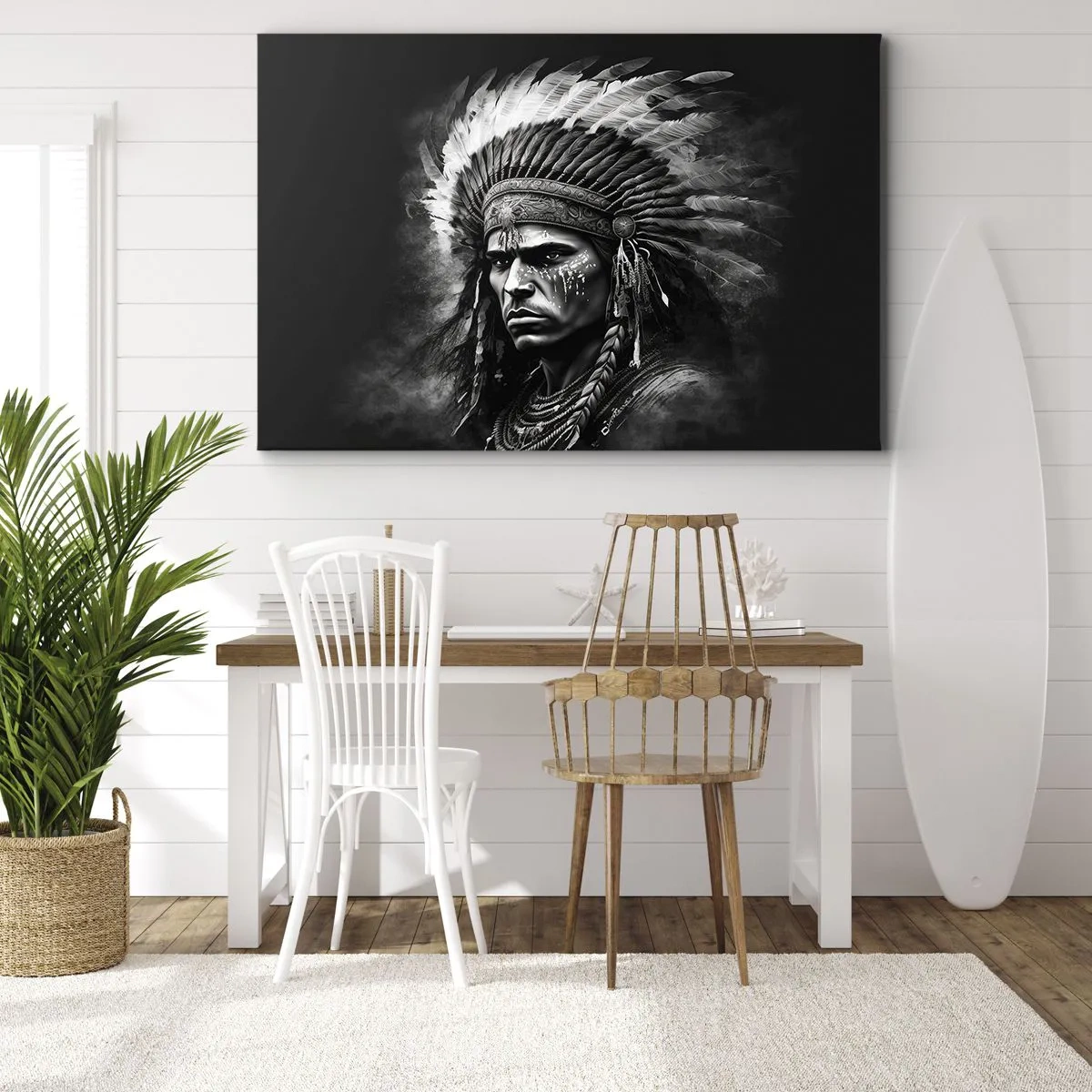 Bild auf Leinwand - Leinwandbild - Porträt eines Häuptlings mit Federschmuck vor schwarzem Hintergrund - 70x50cm - Anführer und Krieger - Moderne Wanddekoration für Wohnzimmer und Schlafzimmer ARTTOR