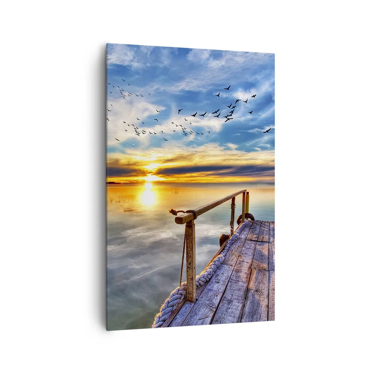 Bild auf Leinwand - Leinwandbild - Holzsteg über dem See bei Sonnenuntergang - 80x120cm - Der Wind geht zur Ruhe - Moderne Wanddekoration für Wohnzimmer und Schlafzimmer ARTTOR