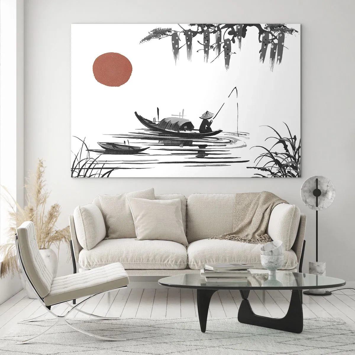 Glasbild - Bild auf glas - Traditionelles Fischerboot auf einem Fluss mit einer roten Sonne - 70x50cm - Asiatischer Nachmittag - Moderne Wanddekoration für Wohnzimmer und Schlafzimmer ARTTOR