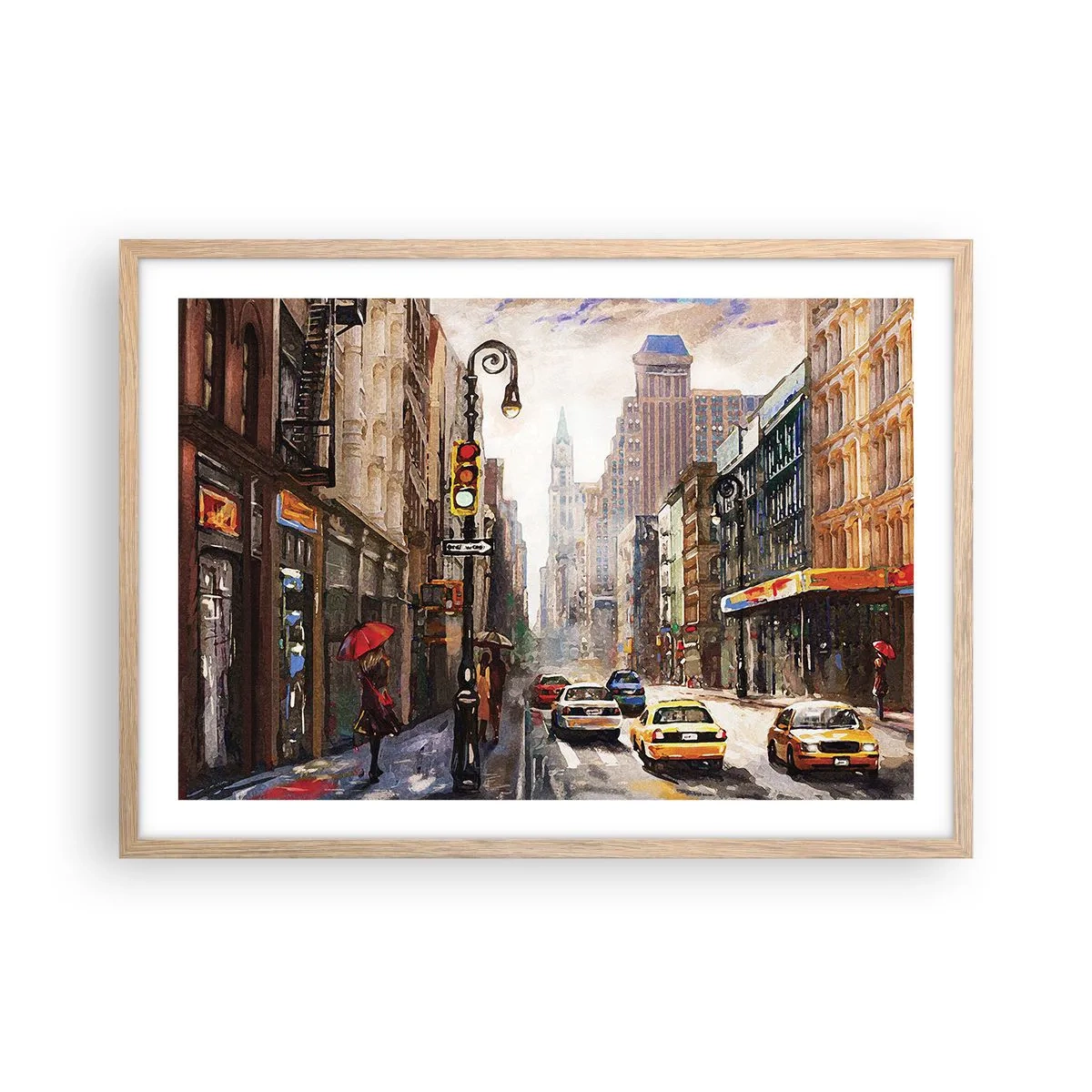 Poster in einem Rahmen aus heller Eiche - New York - auch im Regen bunt - 70x50 cm