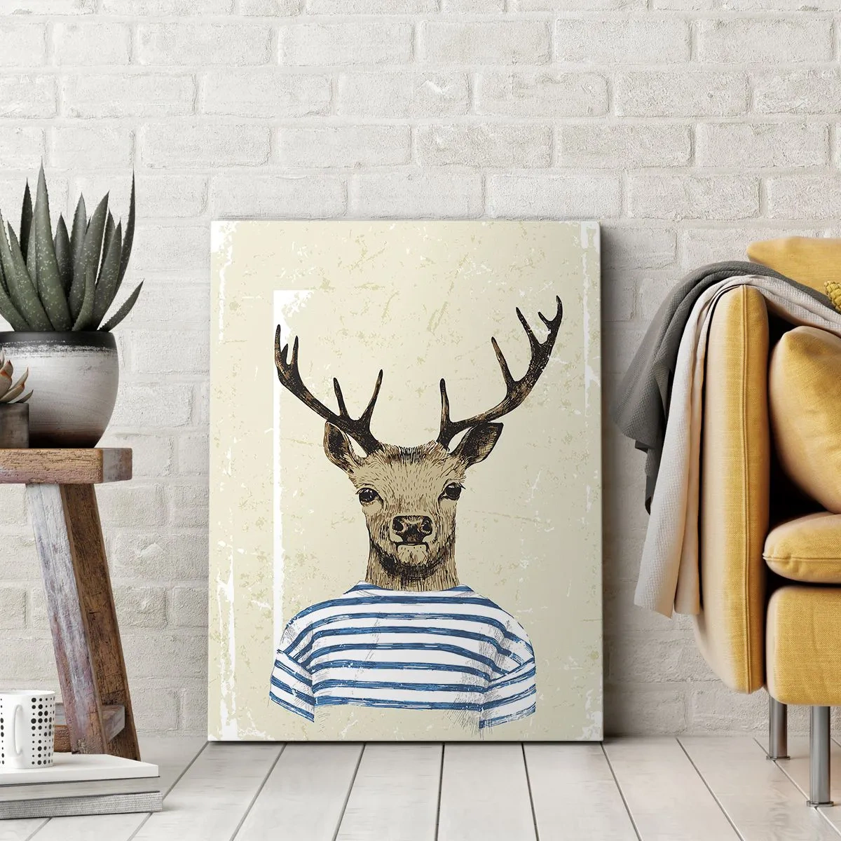 Bild auf Leinwand - Leinwandbild - Ein Hirsch im gestreiften Hemd auf hellem Hintergrund mit zarter Textur - 70x100cm - Weil ich gestreifte T-Shirts mag! - Moderne Wanddekoration für Wohnzimmer und Schlafzimmer ARTTOR