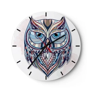 Wanduhr - Glasuhr - Bunte Eule im geometrischen Stil auf weißem Hintergrund - 30x30cm - Aufwendige Ziereule - Moderne Wanddekoration für Wohnzimmer, Küche und Schlafzimmer ARTTOR