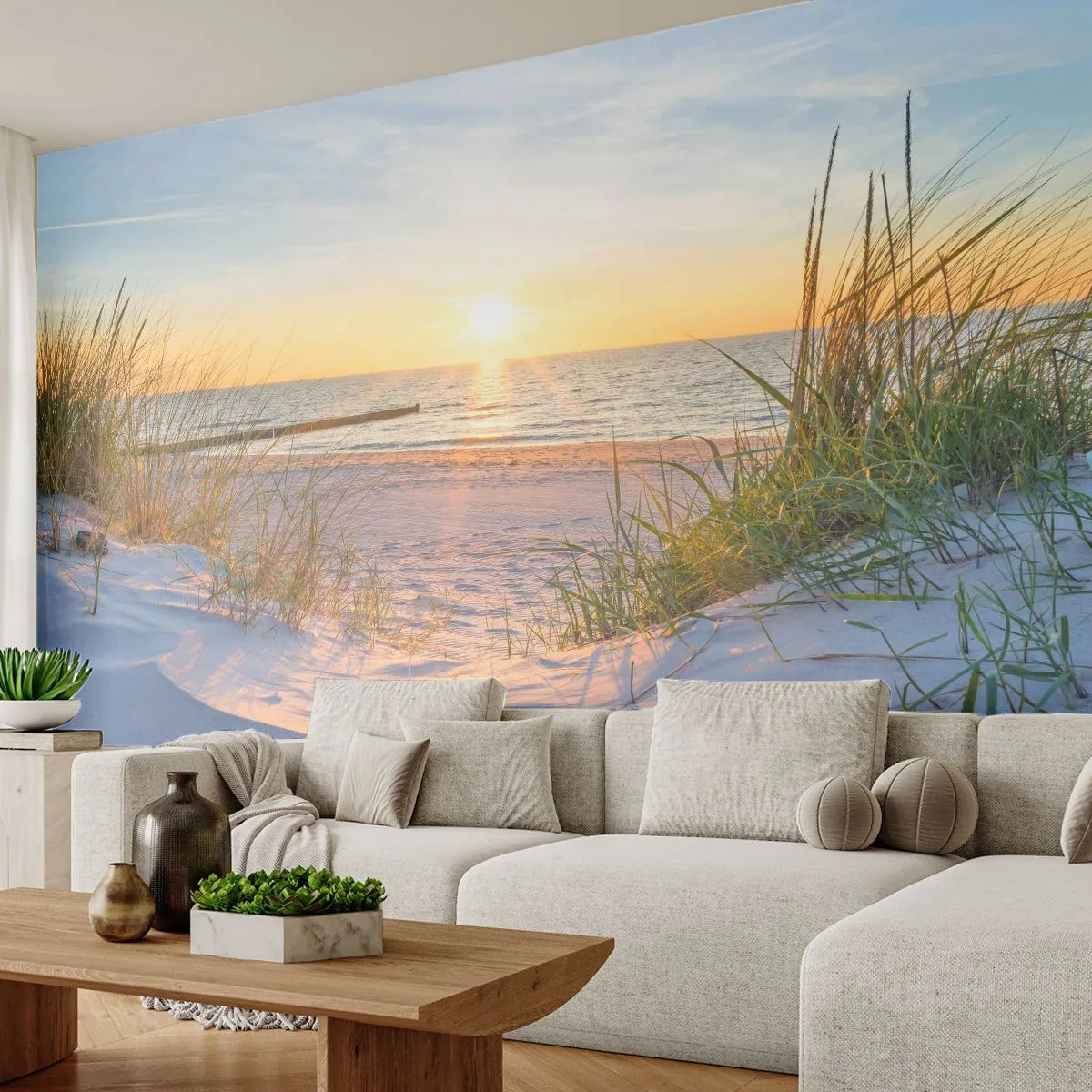 Fototapete Premium Sand - Sonnenuntergang über einem Sandstrand mit Dünen - 100x70cm - Das Rauschen des Meeres, der Gesang der Vögel, ein wilder Strand im Gras ... - Moderne Wanddekoration für Wohnzimmer und Schlafzimmer ARTTOR