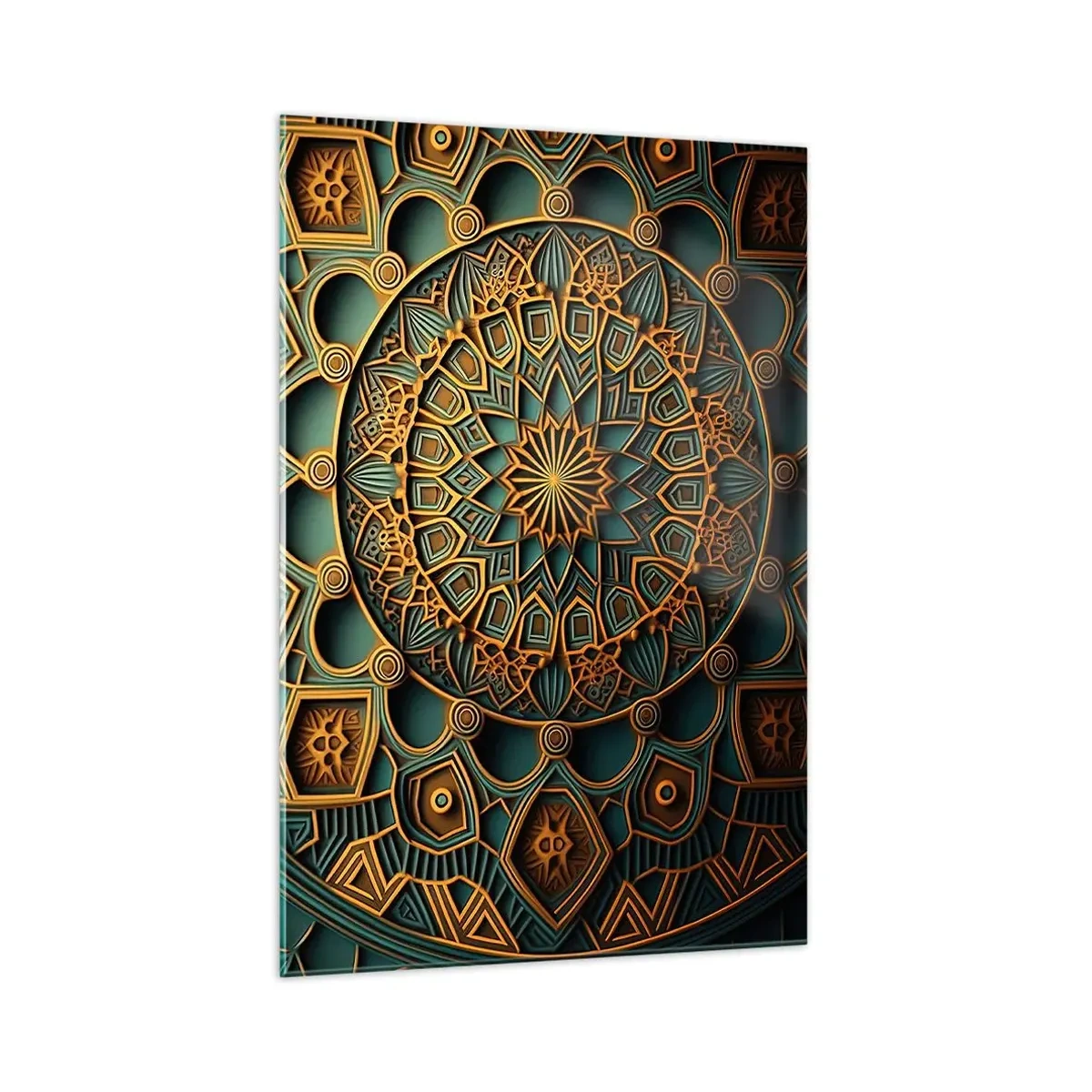 Glasbild - Bild auf glas - Ein goldenes Mandala auf türkisfarbenem Hintergrund mit vielen Details. - 70x100cm - In arabischer Atmosphäre - Moderne Wanddekoration für Wohnzimmer und Schlafzimmer ARTTOR