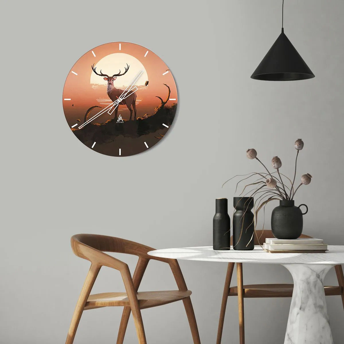 Wanduhr - Glasuhr - Silhouette eines Hirsches vor der untergehenden Sonne - 30x30cm - Diese Nacht ist anders als jede andere - Moderne Wanddekoration für Wohnzimmer, Küche und Schlafzimmer ARTTOR
