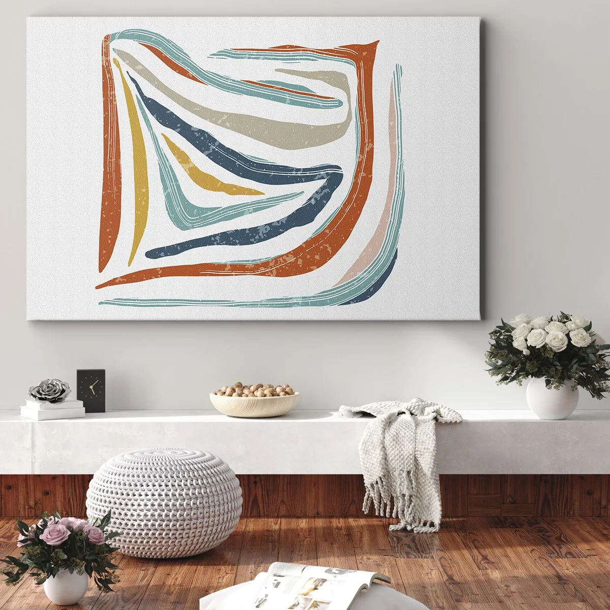 Bild auf Leinwand - Leinwandbild - Bunte, dynamische Linien in Blau-, Orange- und Beigetönen - 100x70cm - Abstraktion mit einem freundlichen Lächeln - Moderne Wanddekoration für Wohnzimmer und Schlafzimmer ARTTOR