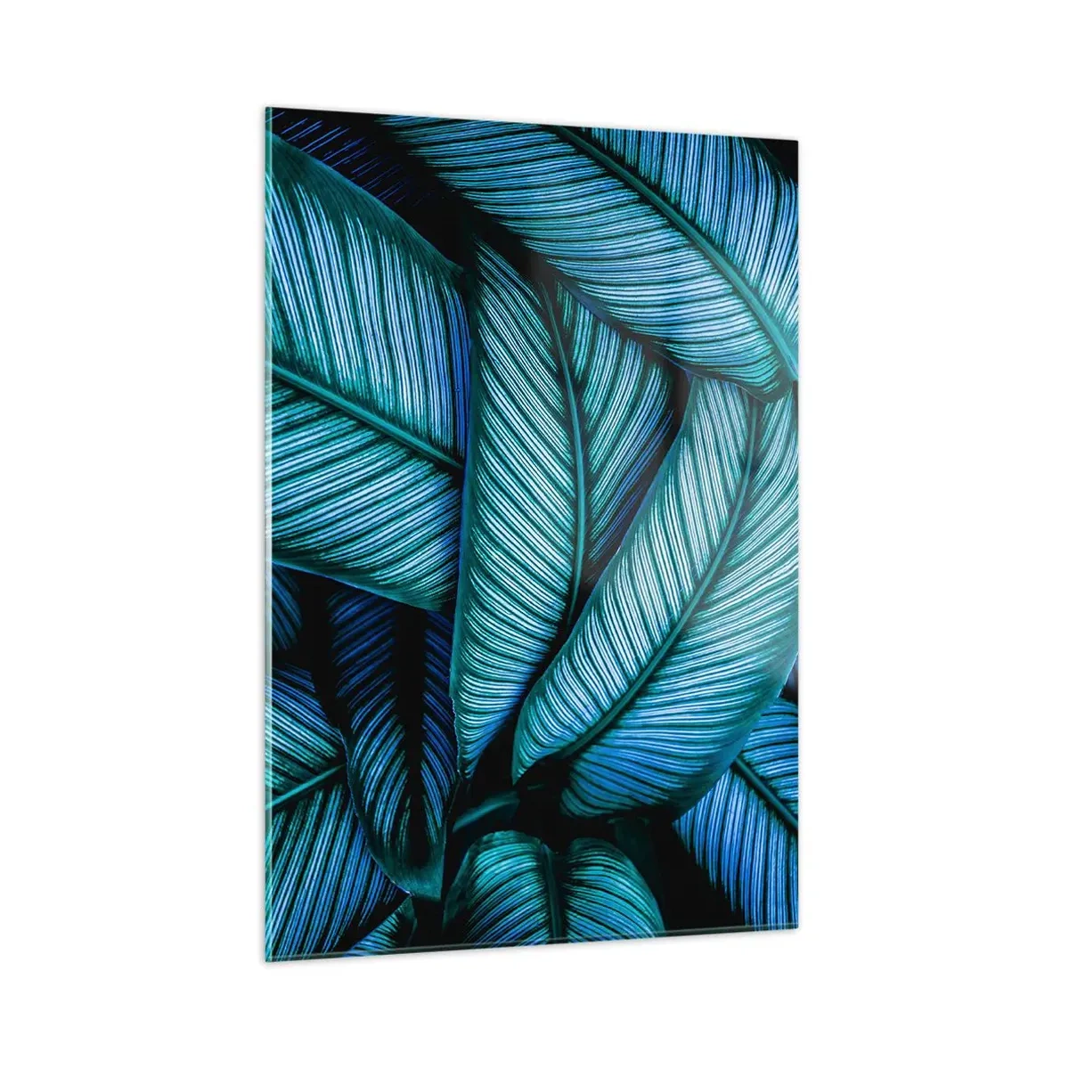 Glasbild - Bild auf glas - Eine Nahaufnahme von türkisfarbenen Blättern mit intensiver Textur. - 50x70cm - Lebenslinien - Moderne Wanddekoration für Wohnzimmer und Schlafzimmer ARTTOR