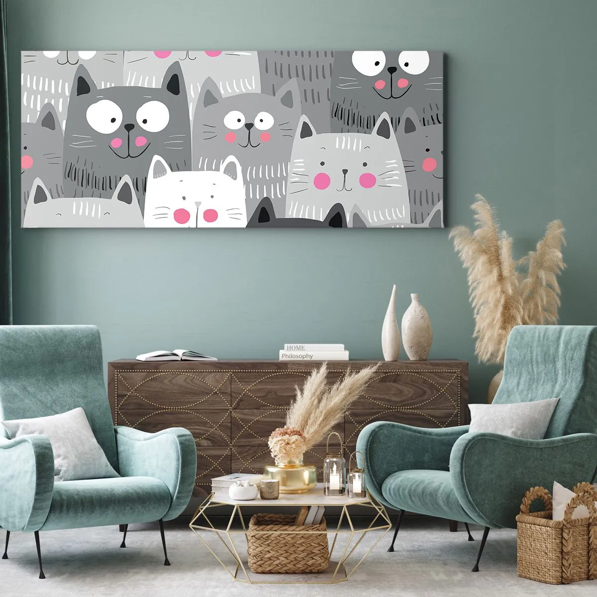 Bild auf Leinwand - Leinwandbild - Ein lustiges Muster mit Katzen in Grautönen - 140x50cm - Katzenwelt - Moderne Wanddekoration für Wohnzimmer und Schlafzimmer ARTTOR