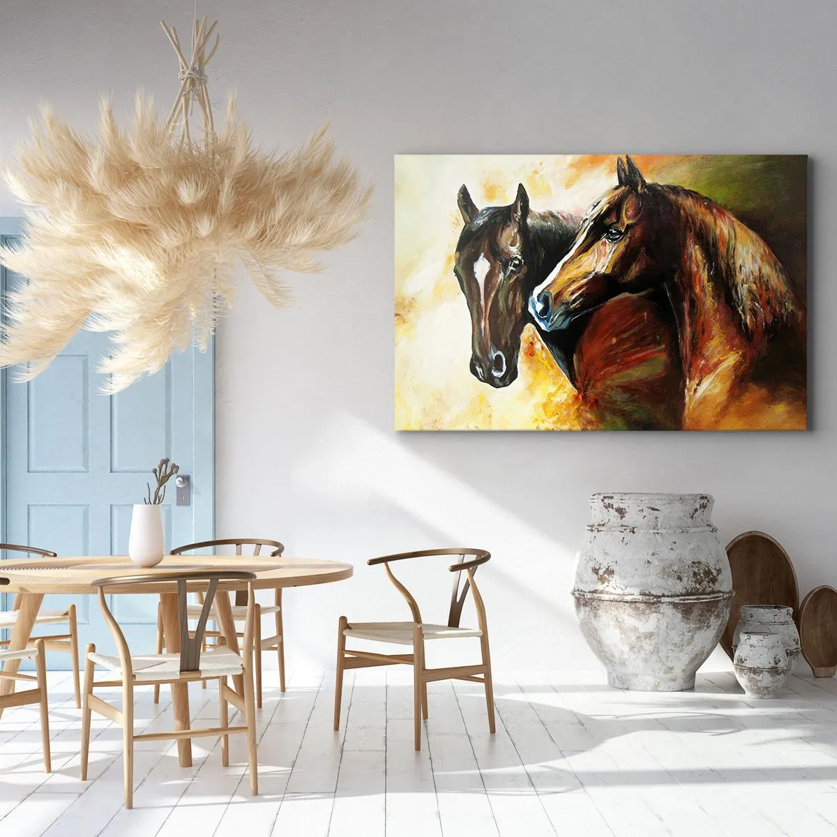 Bild auf Leinwand - Leinwandbild - Ein Pferdepaar in einer malerischen Komposition - 70x50cm - Doppelt anmutig - Moderne Wanddekoration für Wohnzimmer und Schlafzimmer ARTTOR