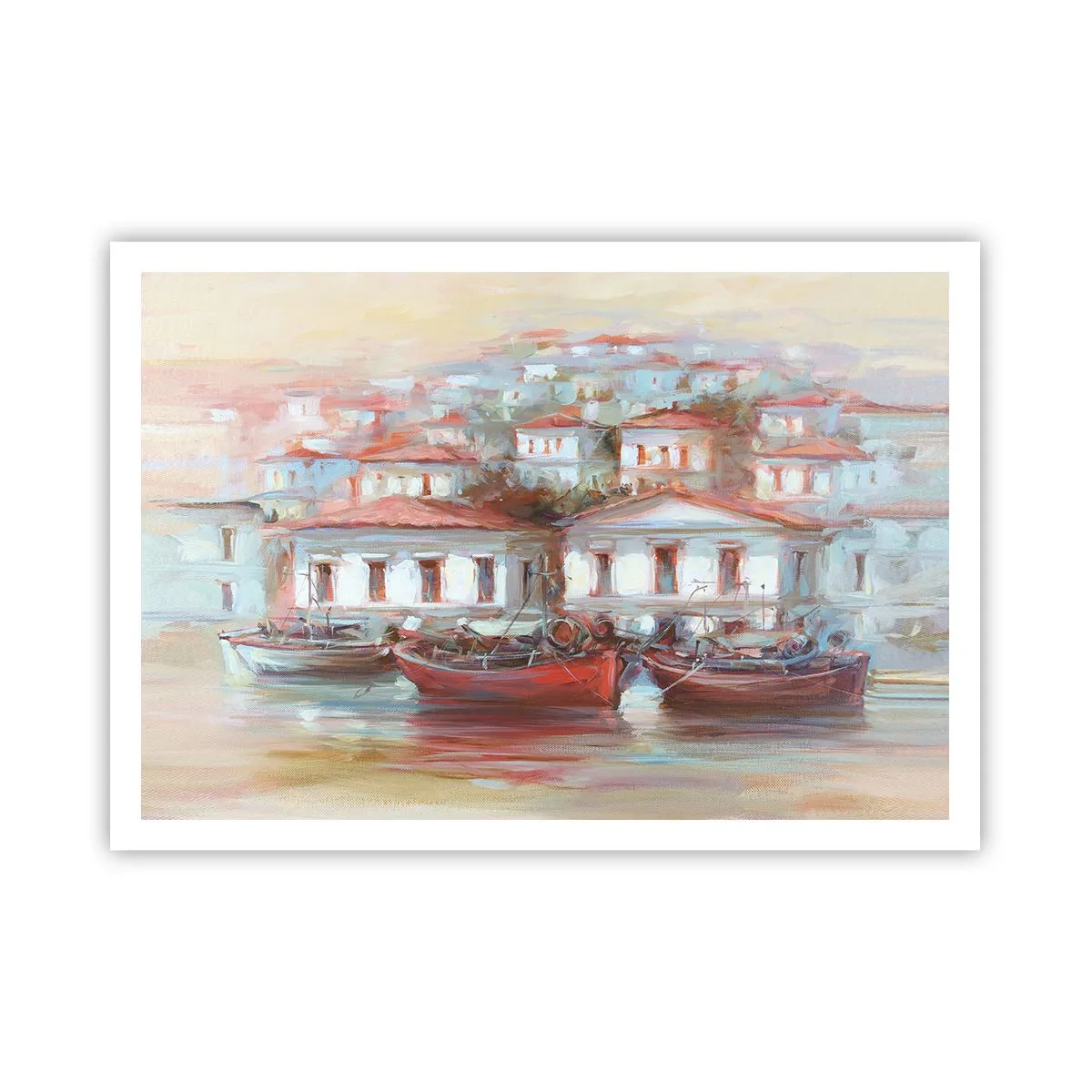 Poster - Bunte Boote und malerische Gebäude am Wasser in Pastelltönen - 100x70cm - Glückliche Stadt - Moderne Wanddekoration für Wohnzimmer und Schlafzimmer ARTTOR