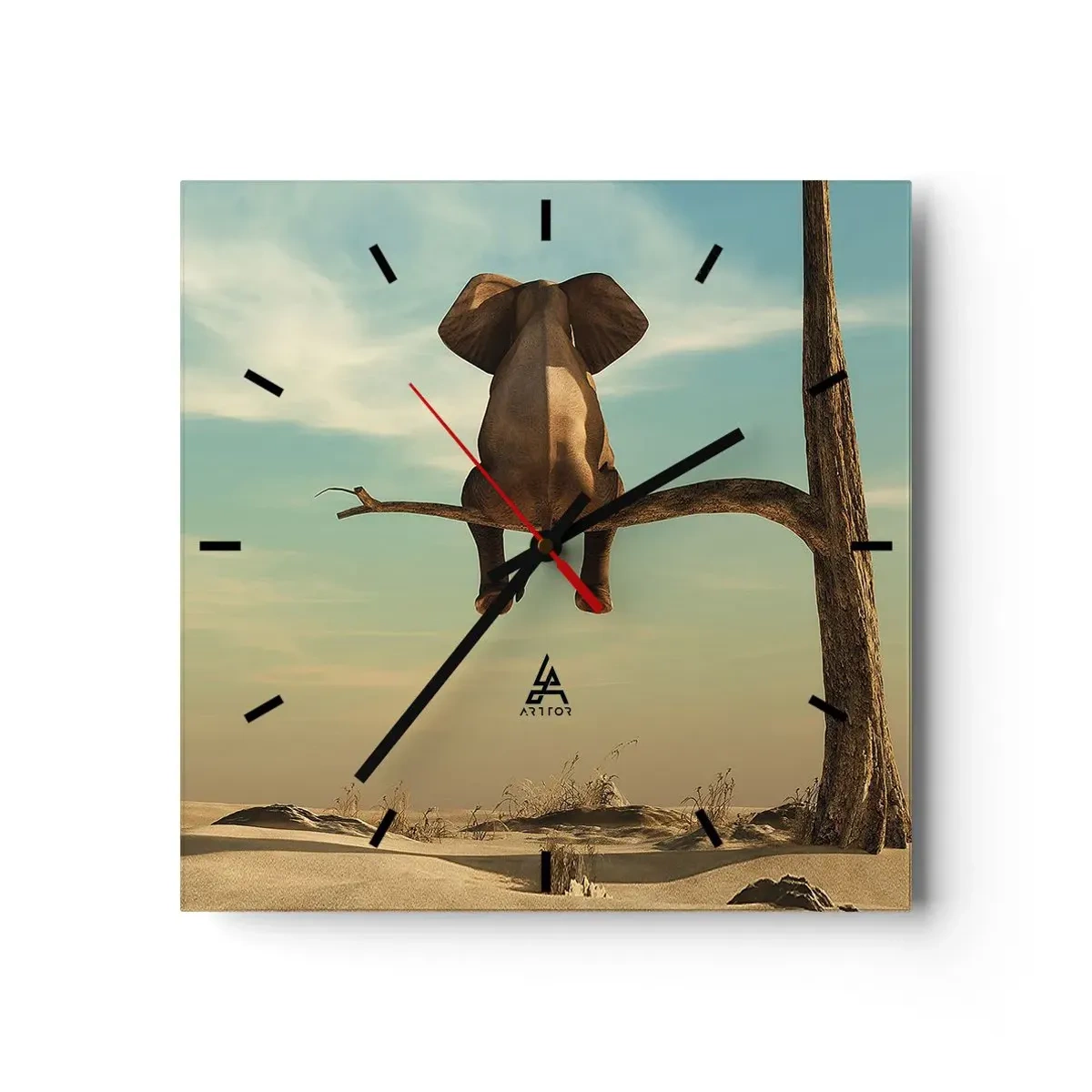 Wanduhr - Glasuhr - Ein Elefant sitzt auf einem Ast und blickt auf eine Wüstenlandschaft - 30x30cm - Neuer Blickwinkel - Moderne Wanddekoration für Wohnzimmer und Schlafzimmer ARTTOR