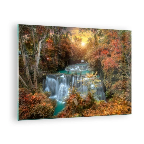 Glasbild - Bild auf glas - Ein malerischer Wasserfall, umgeben von einem herbstlichen Wald bei Sonnenuntergang - 70x50cm - Versteckter Schatz des Waldes - Moderne Wanddekoration für Wohnzimmer und Schlafzimmer ARTTOR