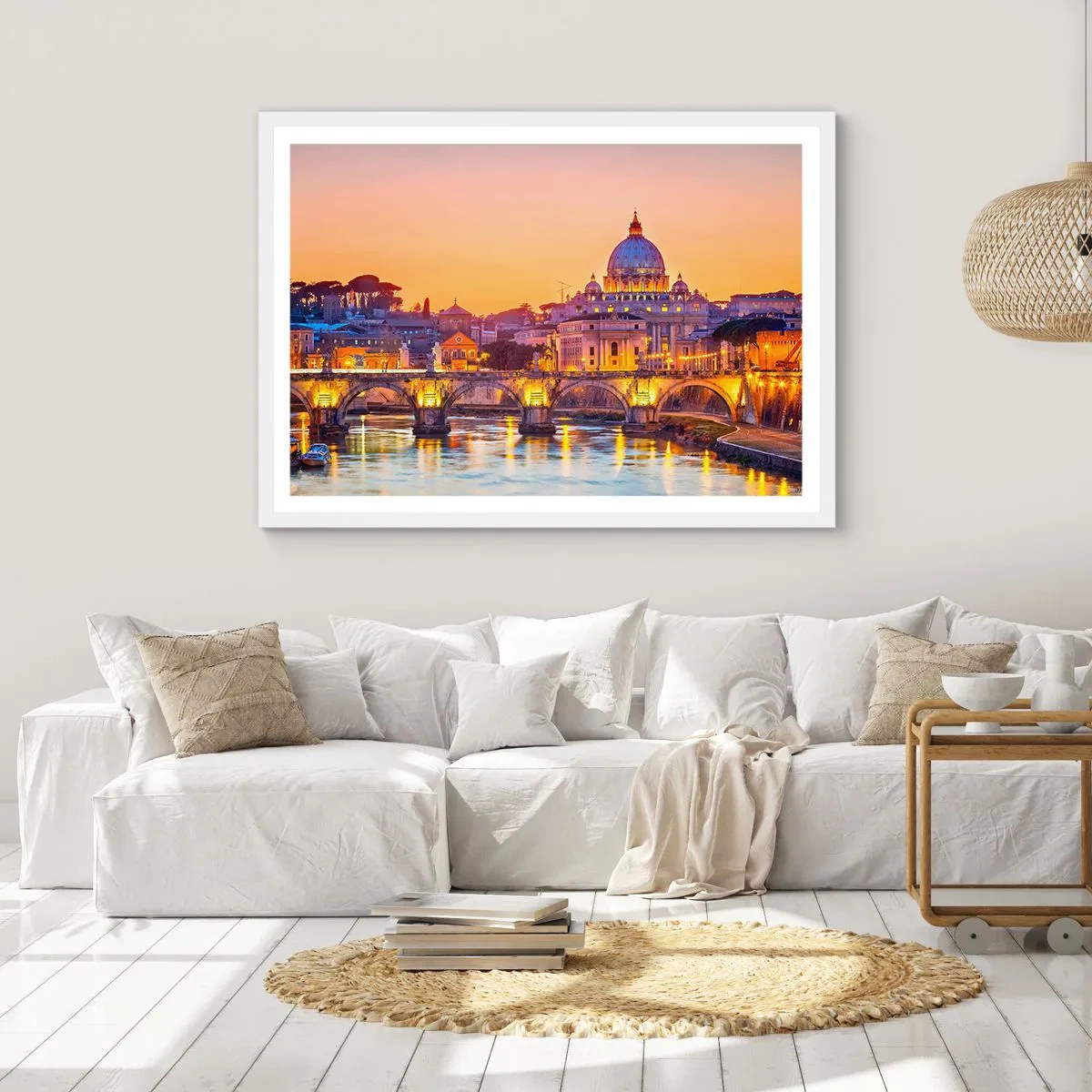 Poster in einem weißen Rahmen - Sonnenuntergang über der ewigen Stadt - 91x61 cm