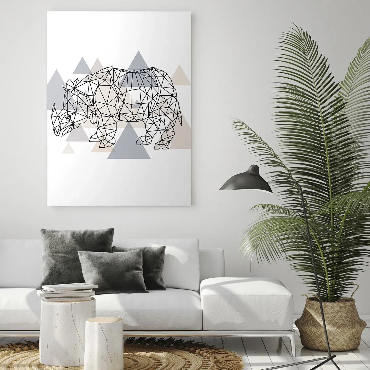 Glasbild - Bild auf glas - Geometrisches Nashorn auf einem Hintergrund aus zarten Dreiecken - 70x100cm - Struktur der Stärke - Moderne Wanddekoration für Wohnzimmer und Schlafzimmer ARTTOR