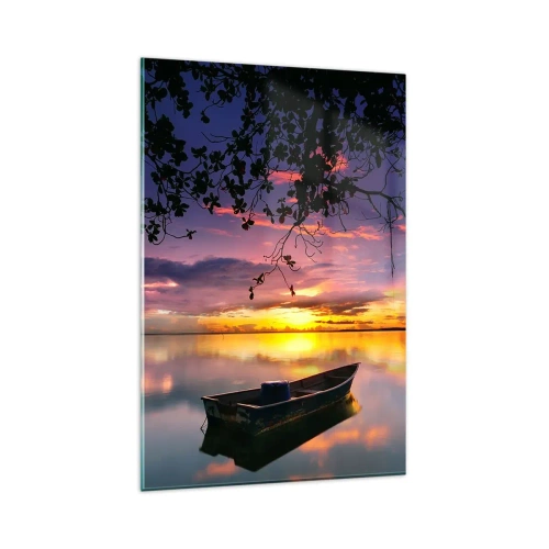 Glasbild - Bild auf glas - Ein Boot auf ruhigem Wasser bei Sonnenuntergang - 80x120cm - Du scheinst mitten am Himmel zu hängen... - Moderne Wanddekoration für Wohnzimmer und Schlafzimmer ARTTOR
