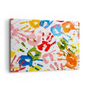 Bild auf Leinwand - Leinwandbild - Bunte Handabdrücke auf weißem Hintergrund - 100x70cm - Folgen Sie den Spuren - Moderne Wanddekoration für Wohnzimmer und Schlafzimmer ARTTOR