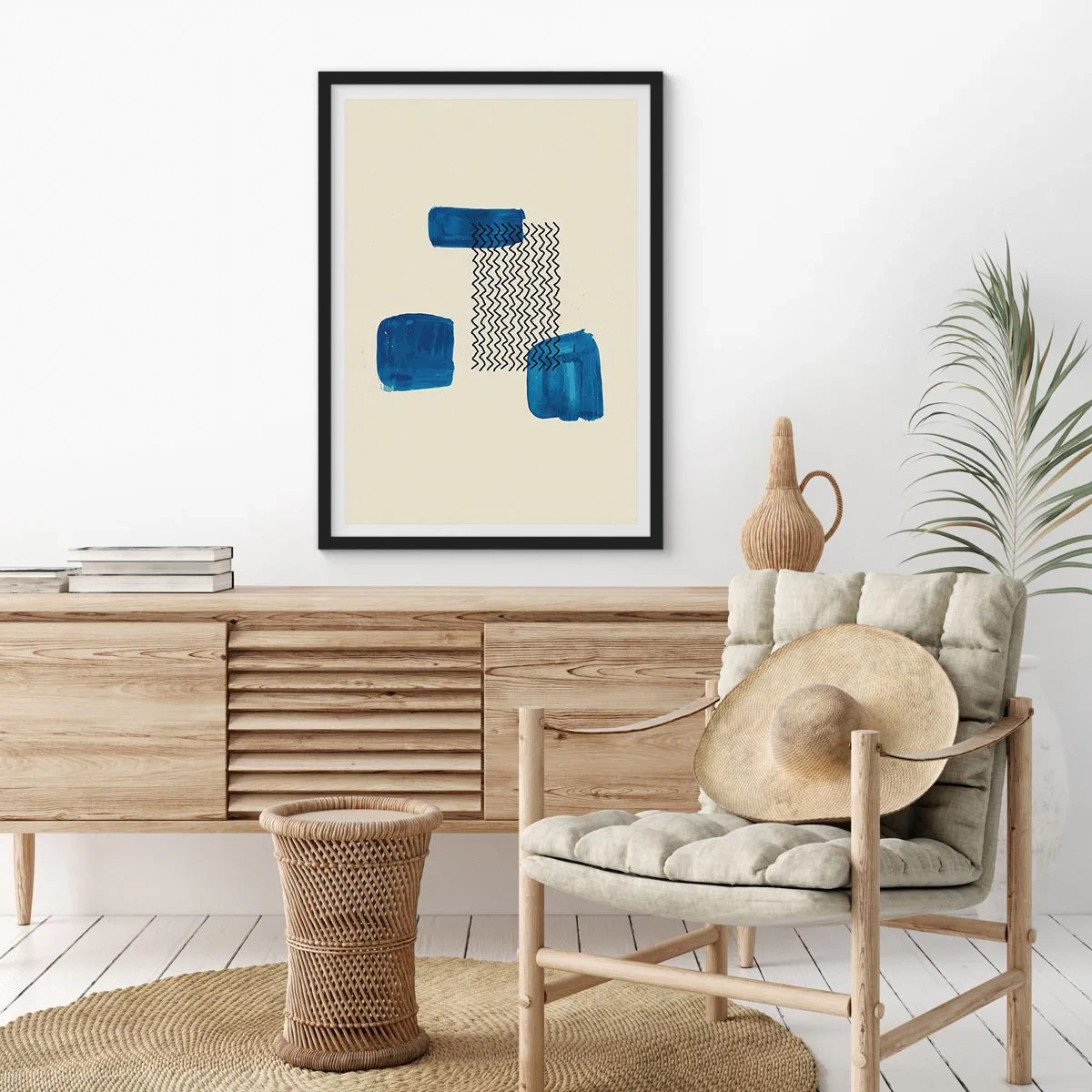 Poster in einem schwarzem Rahmen - Abstrakte Komposition in Marineblautönen mit Linien - 50x70cm - Ein abstraktes Quartett - Moderne Wanddekoration für Wohnzimmer und Schlafzimmer ARTTOR