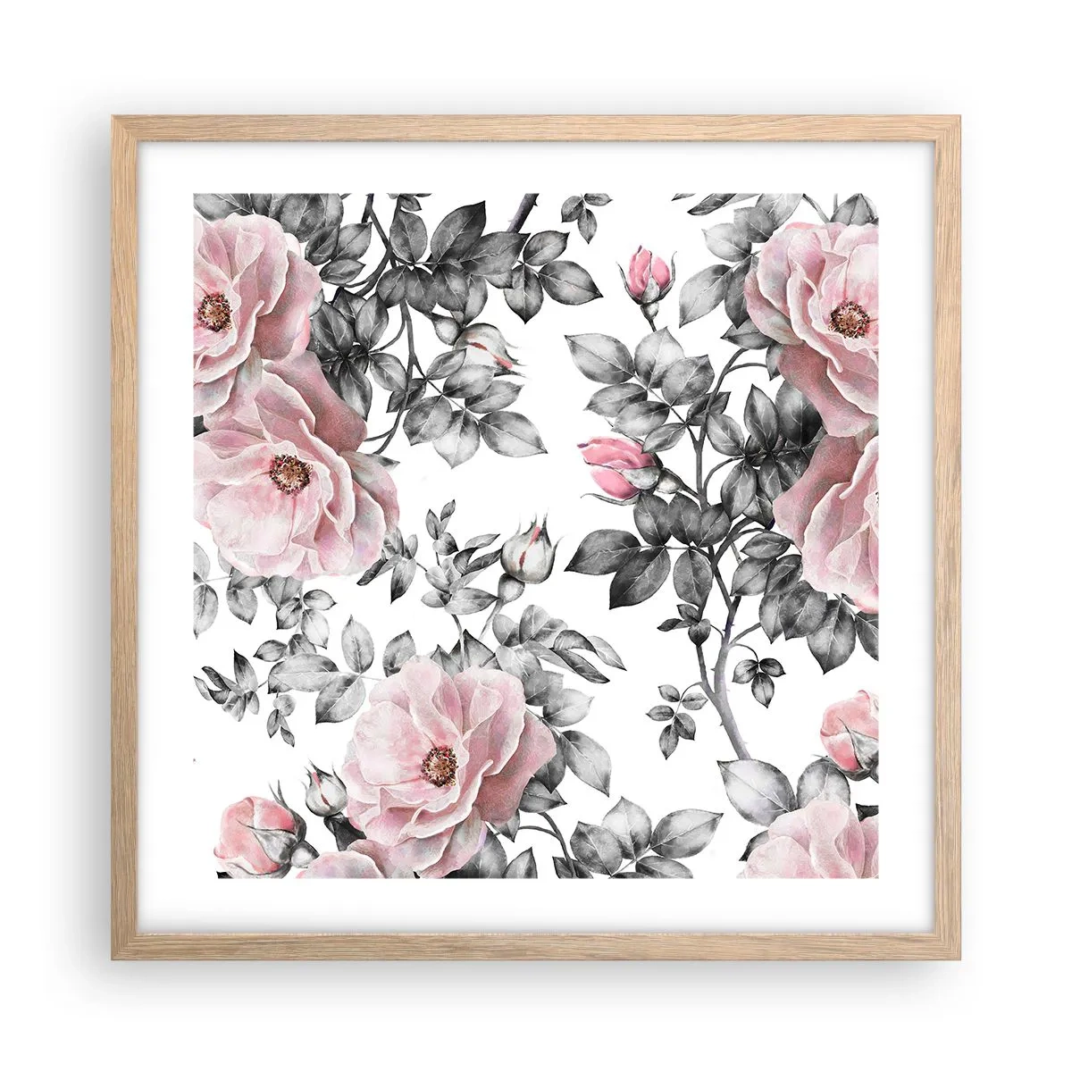 Poster in einem Rahmen aus heller Eiche - Verliere dich in den Blüten der Rosen - 50x50 cm