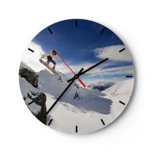 Wanduhr - Glasuhr - Snowboarder in Aktion mit Bergen im Hintergrund - 30x30cm - Freiheit ohne Grenzen - Moderne Wanddekoration für Wohnzimmer, Küche und Schlafzimmer ARTTOR