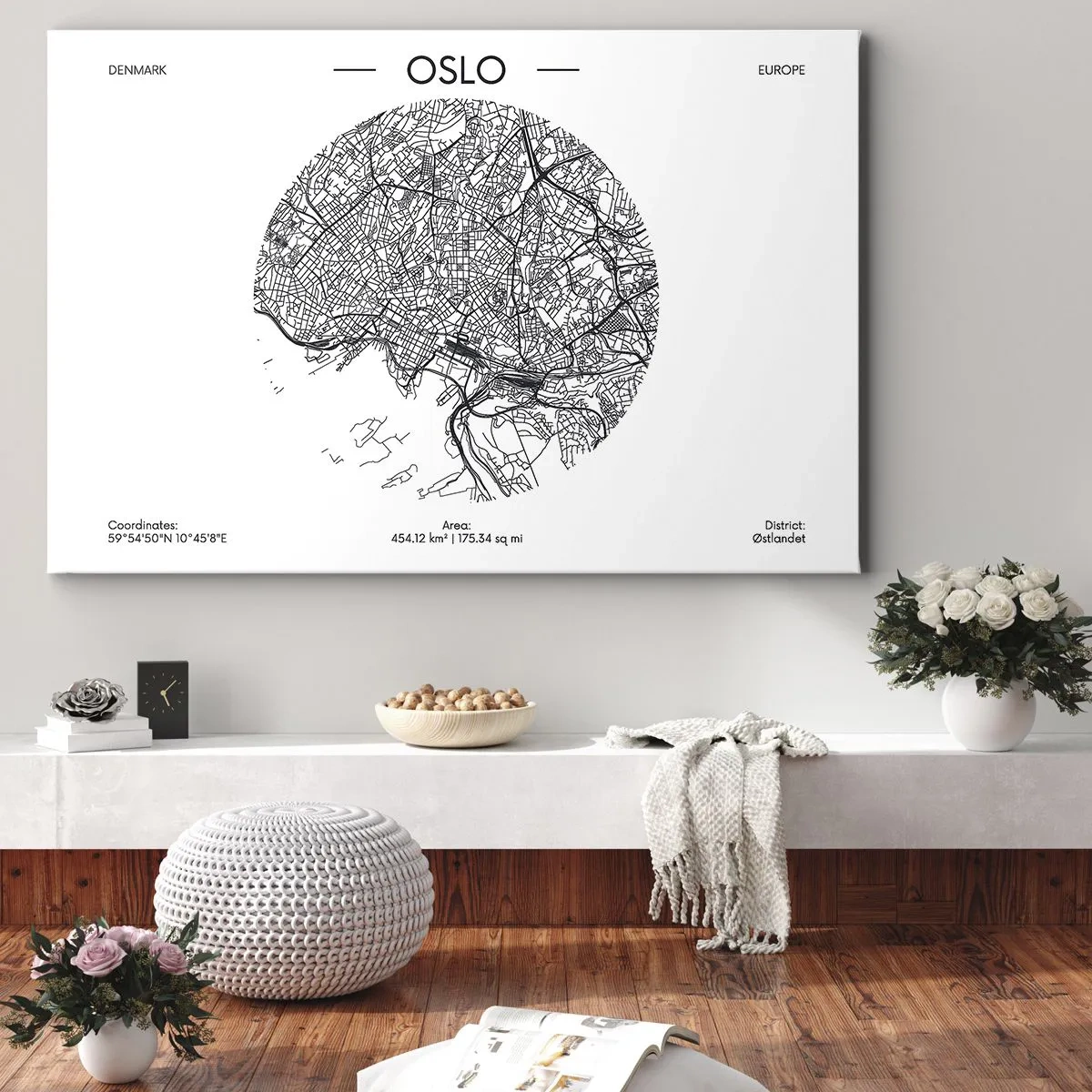 Bild auf Leinwand - Leinwandbild - Eine Karte von Oslo im minimalistischen Schwarz-Weiß-Stil. - 70x50cm - Anatomie von Oslo - Moderne Wanddekoration für Wohnzimmer und Schlafzimmer ARTTOR