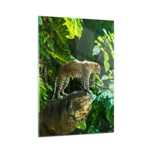 Glasbild - Bild auf glas - Leopard auf einem Felsen im tropischen Dschungel - 50x70cm - Auf die Jagd? - Moderne Wanddekoration für Wohnzimmer und Schlafzimmer ARTTOR