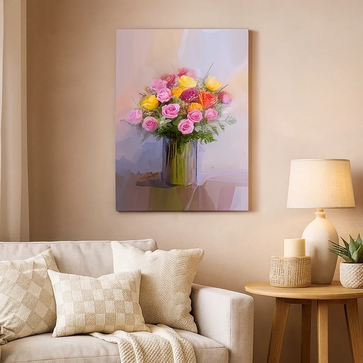 Bild auf Leinwand - Leinwandbild - Ein Strauß bunter Rosen in einer Glasvase - 50x70cm - Festgehaltene Schönheit - Moderne Wanddekoration für Wohnzimmer und Schlafzimmer ARTTOR