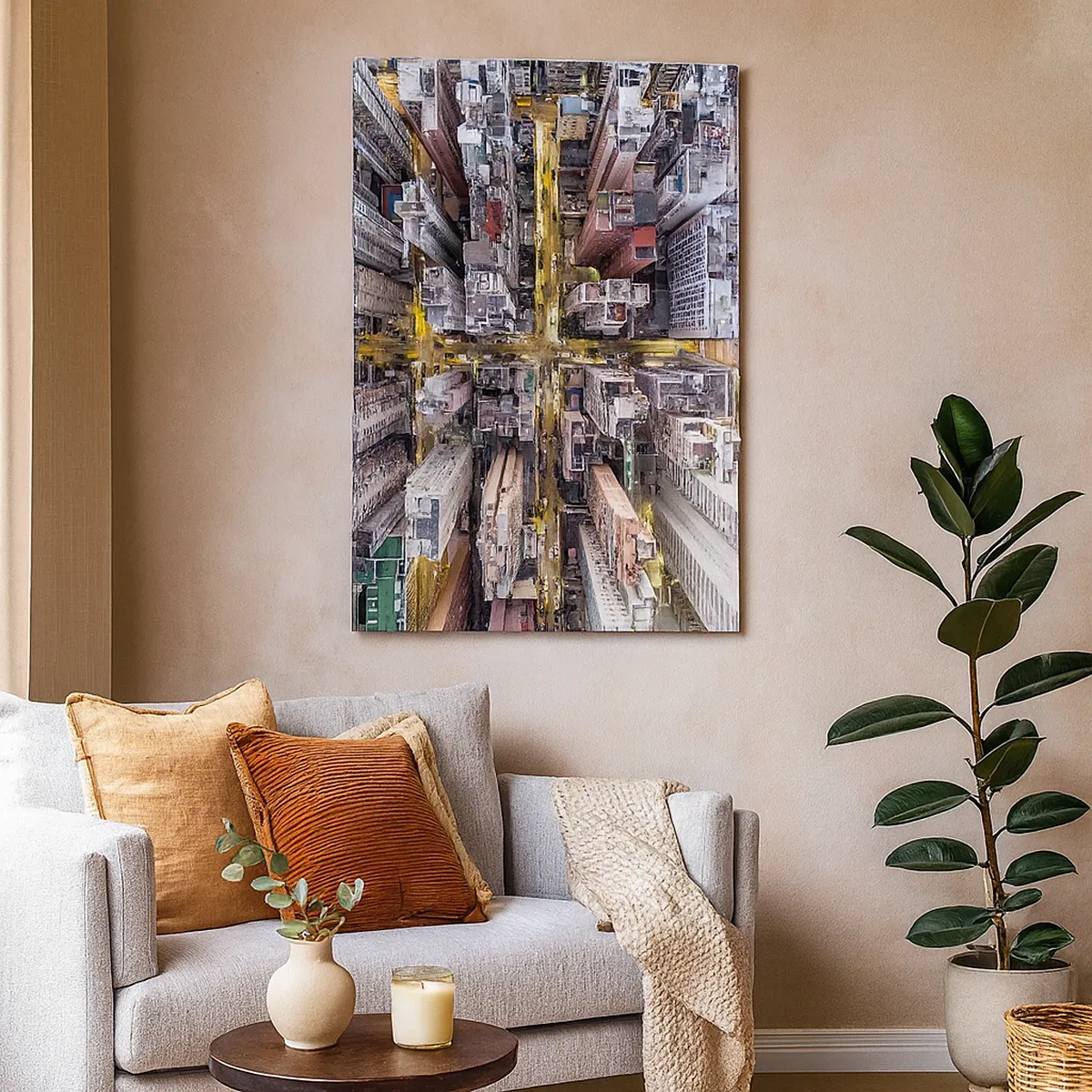 Bild auf Leinwand - Leinwandbild - Eine Stadt voller Wolkenkratzer aus der Vogelperspektive - 50x70cm - Grüße aus Hongkong - Moderne Wanddekoration für Wohnzimmer und Schlafzimmer ARTTOR