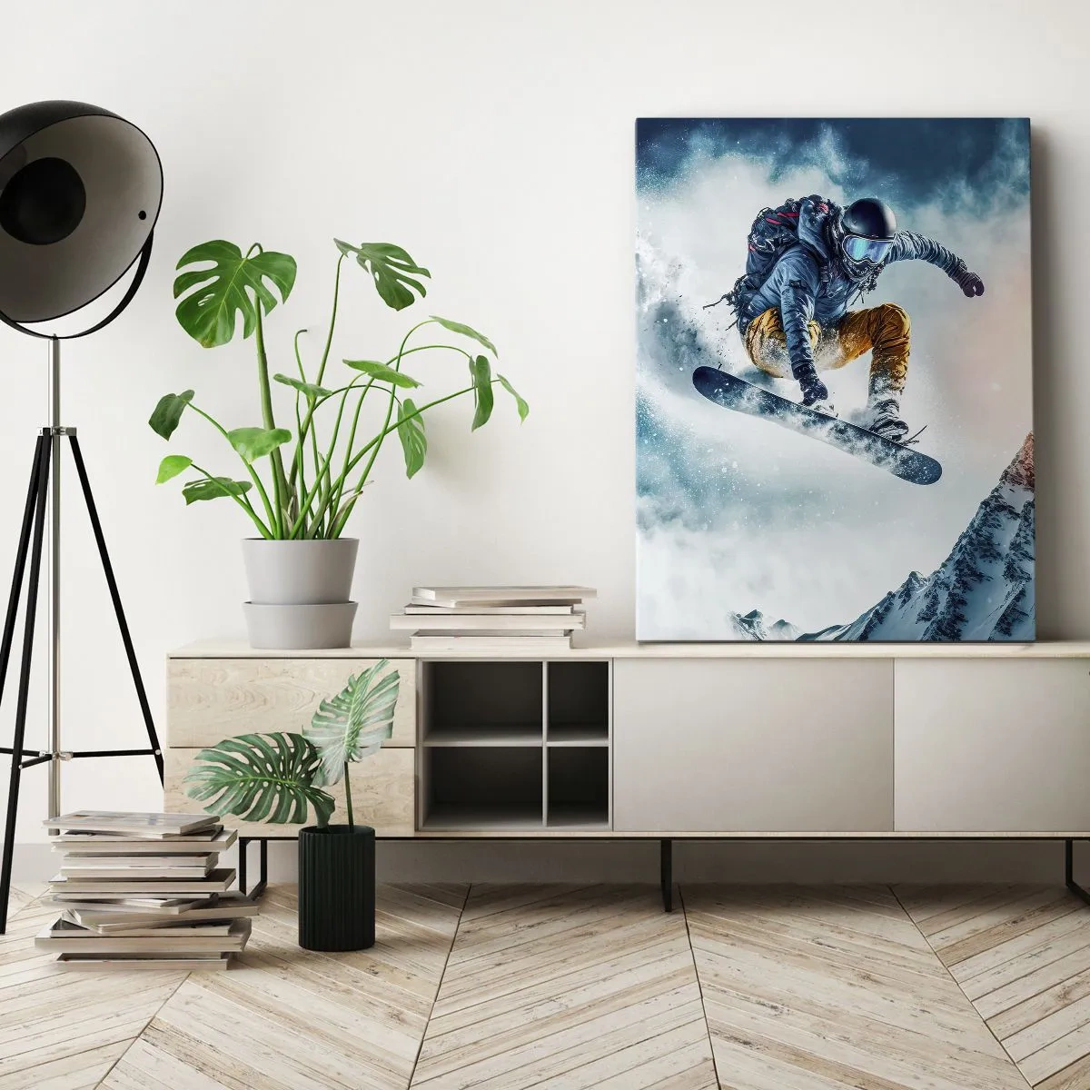 Bild auf Leinwand - Leinwandbild - Ein Snowboarder fliegt über schneebedeckte Berge - 50x70cm - Extreme Emotionen - Moderne Wanddekoration für Wohnzimmer und Schlafzimmer ARTTOR