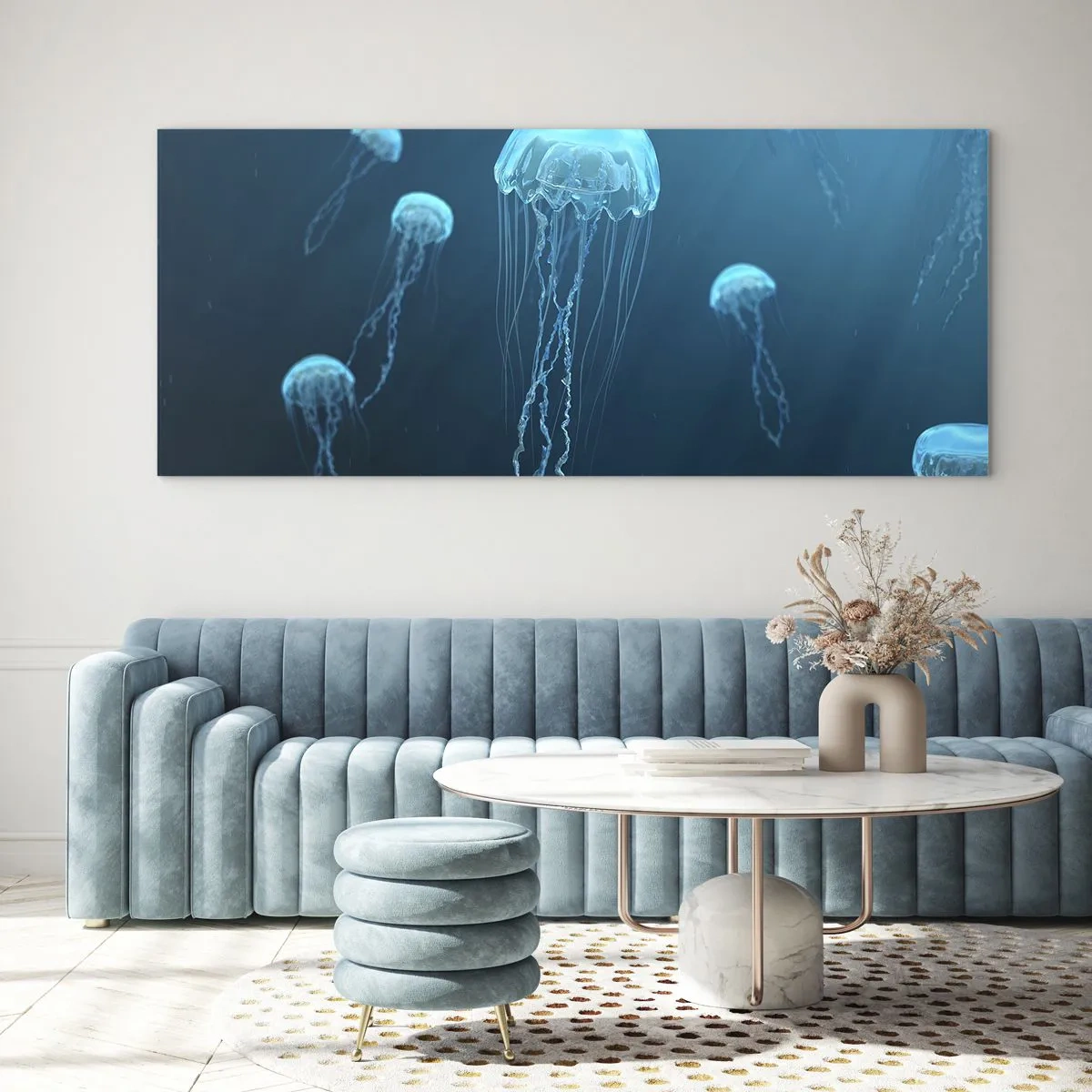 Glasbild - Bild auf glas - Quallen schwimmen in den Tiefen des Ozeans in Blautönen - 120x50cm - Ozeantanz - Moderne Wanddekoration für Wohnzimmer und Schlafzimmer ARTTOR