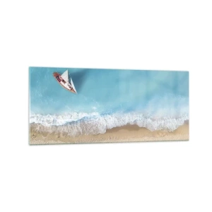 Glasbild - Bild auf glas - Eine Vogelperspektive auf ein Boot am Strand - 120x50cm - An der Grenze von Blau und Gold - Moderne Wanddekoration für Wohnzimmer und Schlafzimmer ARTTOR