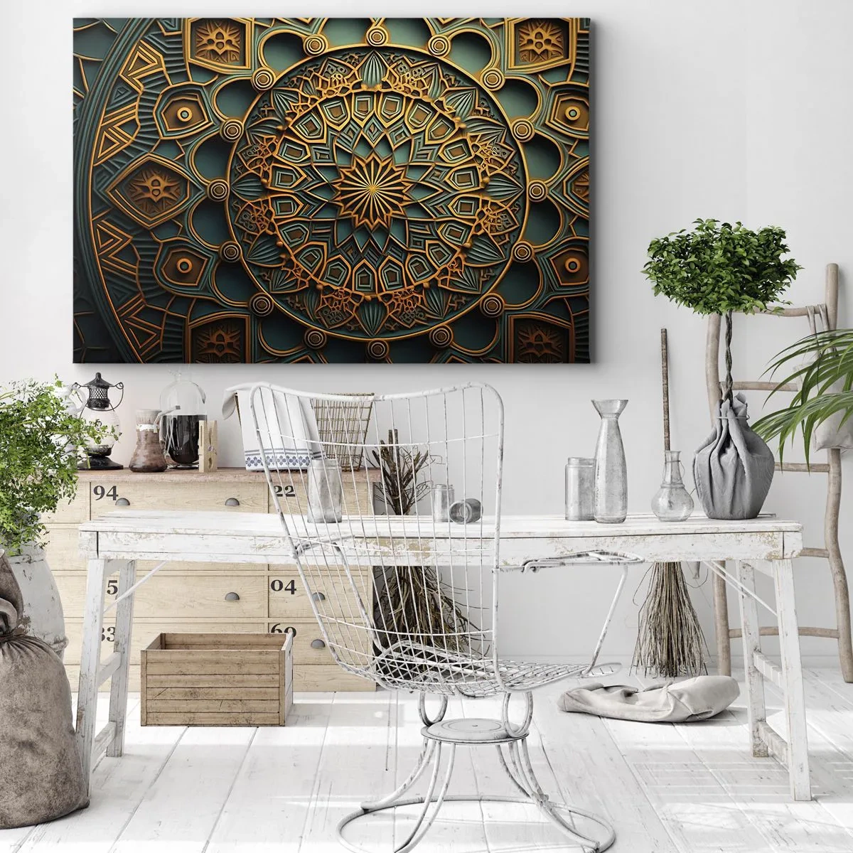 Bild auf Leinwand - Leinwandbild - Ein goldenes Mandala auf türkisfarbenem Hintergrund mit vielen Details. - 120x80cm - In arabischer Atmosphäre - Moderne Wanddekoration für Wohnzimmer und Schlafzimmer ARTTOR