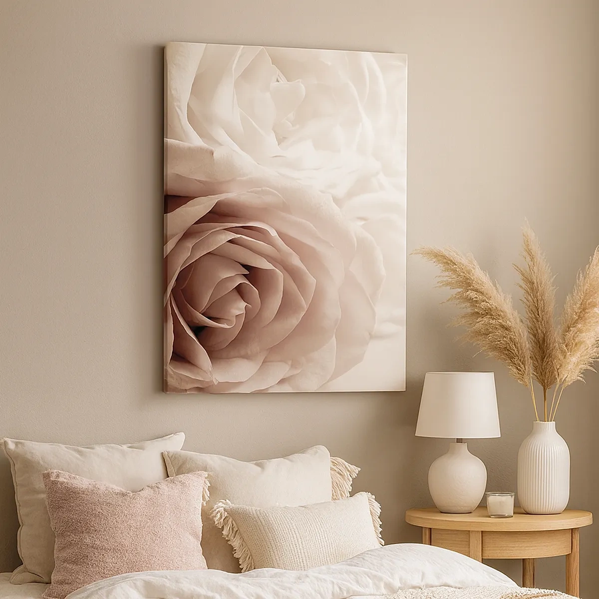 Bild auf Leinwand - Leinwandbild - Zarte Rosen in pastelligen Beigetönen - 50x70cm - Im Herzen der Rose - Moderne Wanddekoration für Wohnzimmer und Schlafzimmer ARTTOR