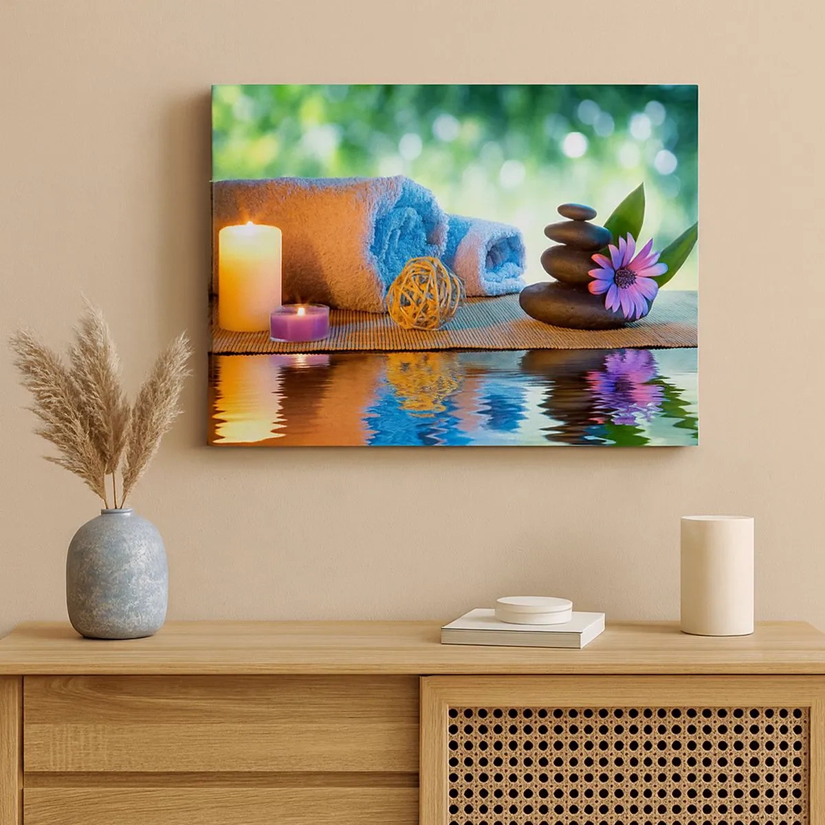 Bild auf Leinwand - Leinwandbild - Entspannendes SPA-Set mit Handtüchern, Kerzen und Steinen - 70x50cm - Zeit für den Körper - Moderne Wanddekoration für Wohnzimmer und Schlafzimmer ARTTOR
