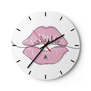 Wanduhr - Glasuhr - Nahaufnahme von rosa Lippen vor einer weißen Uhr - 30x30cm - Bereit zum Küssen? - Moderne Wanddekoration für Wohnzimmer, Küche und Schlafzimmer ARTTOR