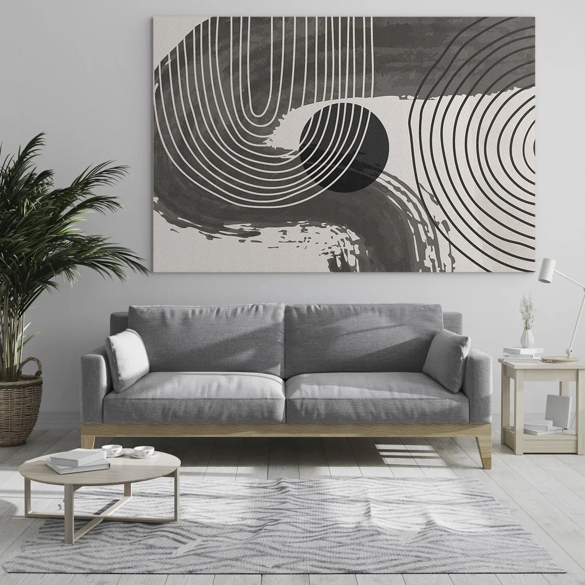 Glasbild - Bild auf glas - Moderne Abstraktion mit schwarzen und weißen Linien und einem Oval - 70x50cm - Oval gewinnt - Moderne Wanddekoration für Wohnzimmer und Schlafzimmer ARTTOR