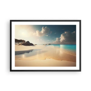 Poster in einem schwarzem Rahmen - Ein sonniger Strand mit blauem Meer und Felsen - 70x50cm - Erträumter Tag - Moderne Wanddekoration für Wohnzimmer und Schlafzimmer ARTTOR