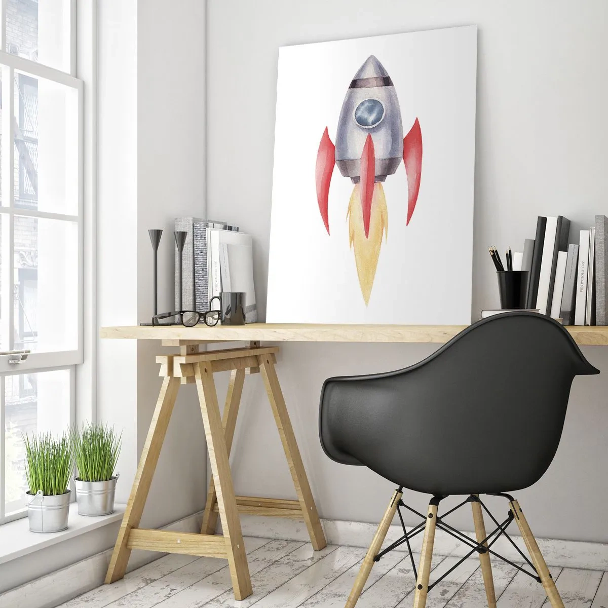 Glasbild - Bild auf glas - Eine bunte Rakete fliegt durch den Weltraum - 50x70cm - Höher, schneller, weiter - Moderne Wanddekoration für Wohnzimmer und Schlafzimmer ARTTOR