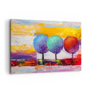 Bild auf Leinwand - Leinwandbild - Drei bunte Bäume auf abstraktem Hintergrund - 120x80cm - Aller guten Dinge sind drei - Moderne Wanddekoration für Wohnzimmer und Schlafzimmer ARTTOR