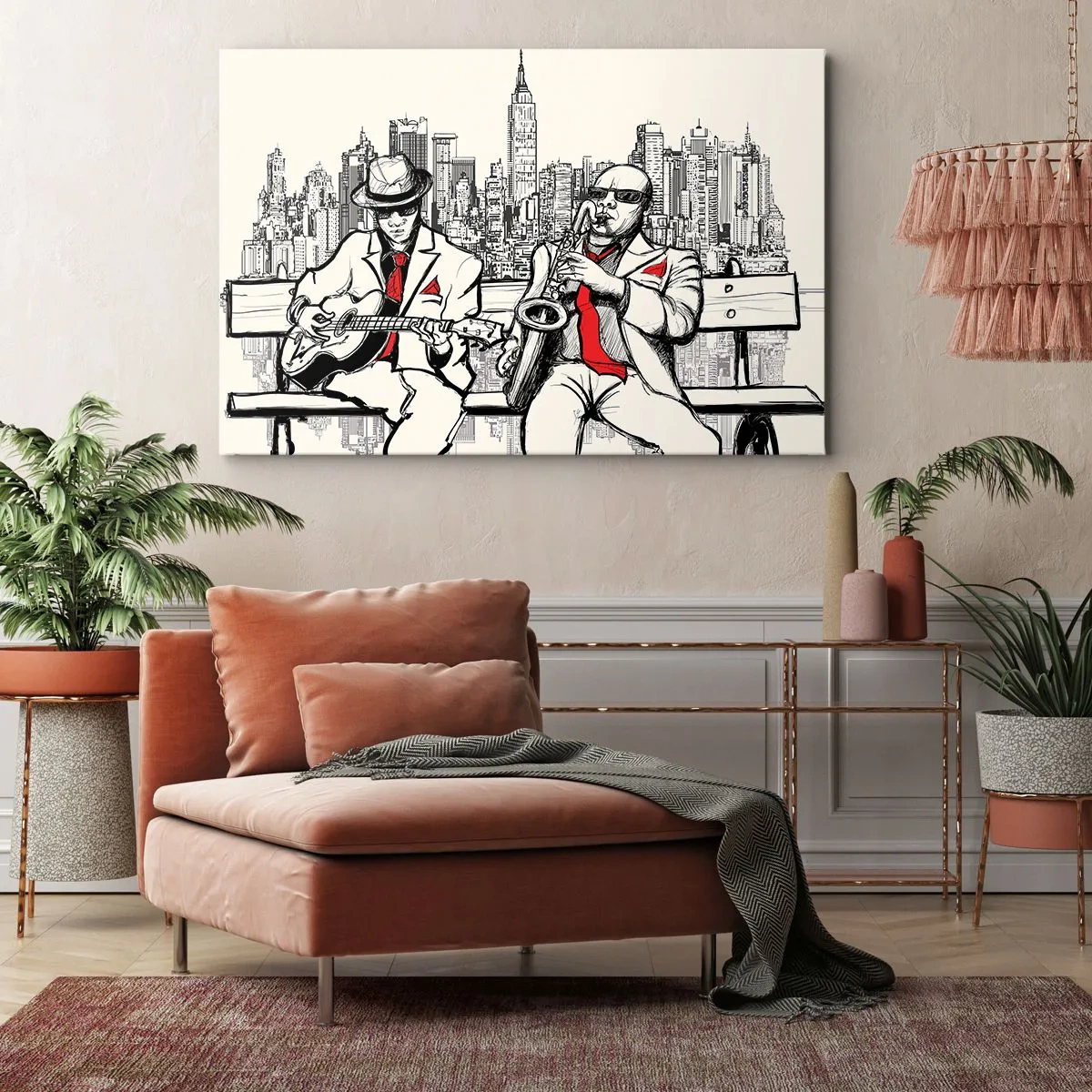 Bild auf Leinwand - Leinwandbild - Ein Jazzduo mit Saxophon und Gitarre vor der Kulisse der Stadt - 70x50cm - New Yorker Improvisation - Moderne Wanddekoration für Wohnzimmer und Schlafzimmer ARTTOR