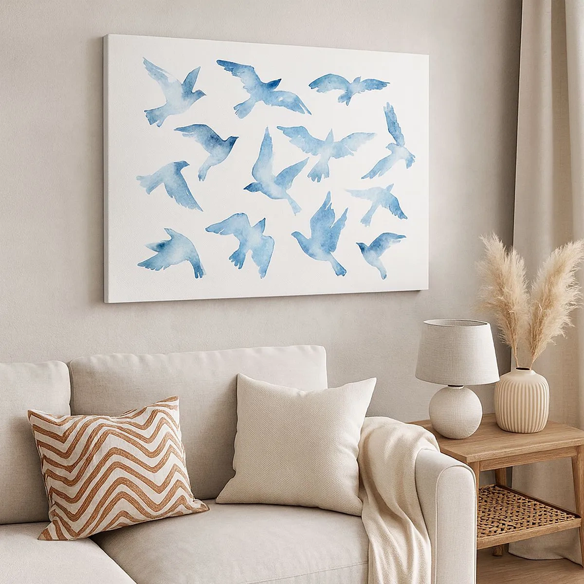 Bild auf Leinwand - Leinwandbild - Ein subtiles Aquarell, das fliegende Vögel darstellt - 70x50cm - Blaue Vögel - Moderne Wanddekoration für Wohnzimmer und Schlafzimmer ARTTOR
