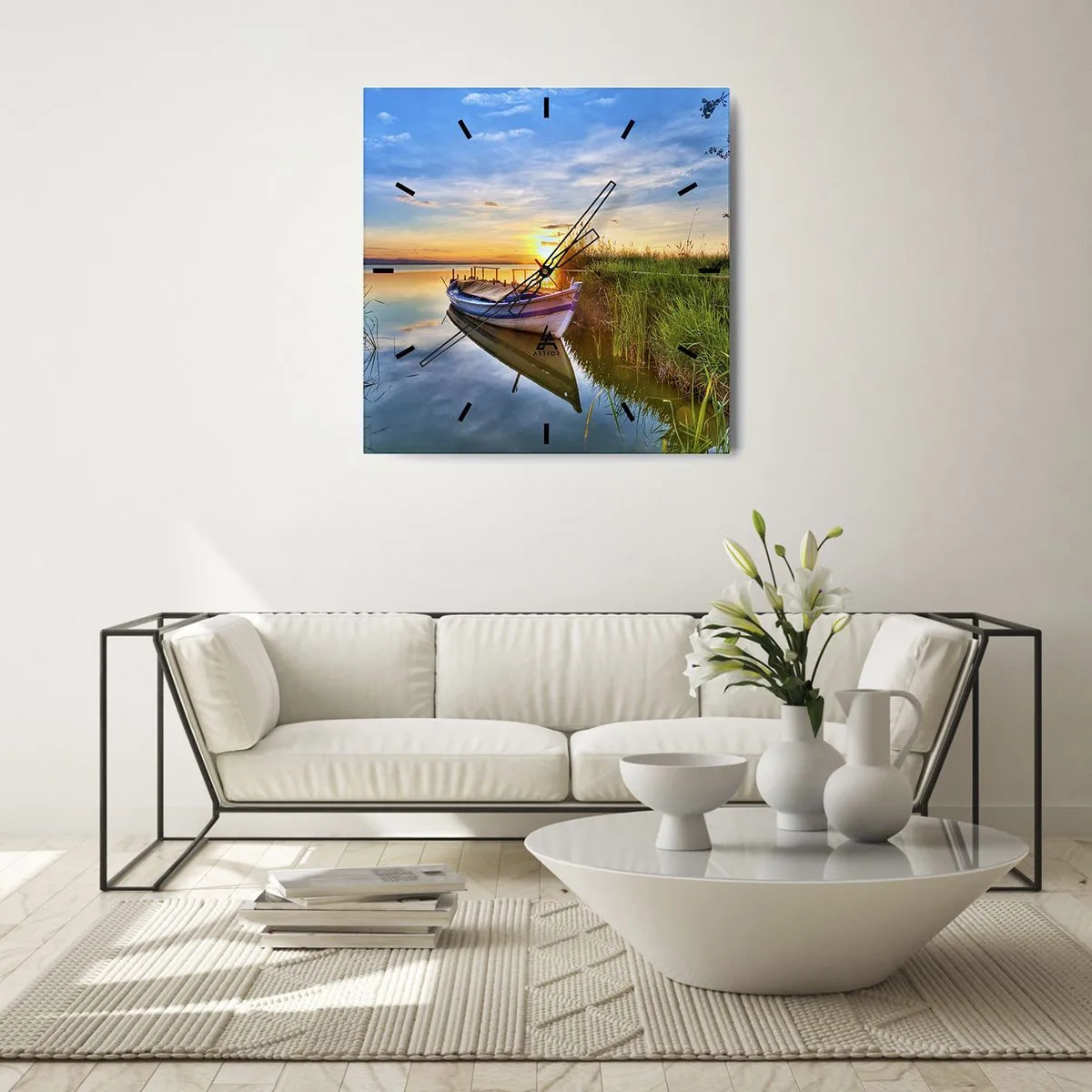 Wanduhr - Glasuhr - Ein Boot in einer ruhigen Bucht bei Sonnenuntergang - 30x30cm - Bucht erfüllter Träume - Moderne Wanddekoration für Wohnzimmer und Schlafzimmer ARTTOR