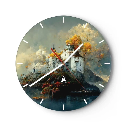Wanduhr - Glasuhr - Ein Märchenschloss auf einem Hügel, umgeben von herbstlichen Bäumen - 30x30cm - Beginn einer romantischen Geschichte - Moderne Wanddekoration für Wohnzimmer, Küche und Schlafzimmer ARTTOR