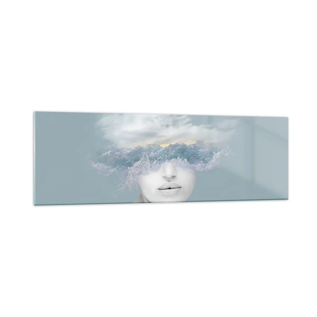 Glasbild - Bild auf glas - Porträt einer Frau, deren Gesicht hinter Wolken und Wellen verborgen ist - 160x50cm - Mit dem Kopf in den Wolken - Moderne Wanddekoration für Wohnzimmer und Schlafzimmer ARTTOR