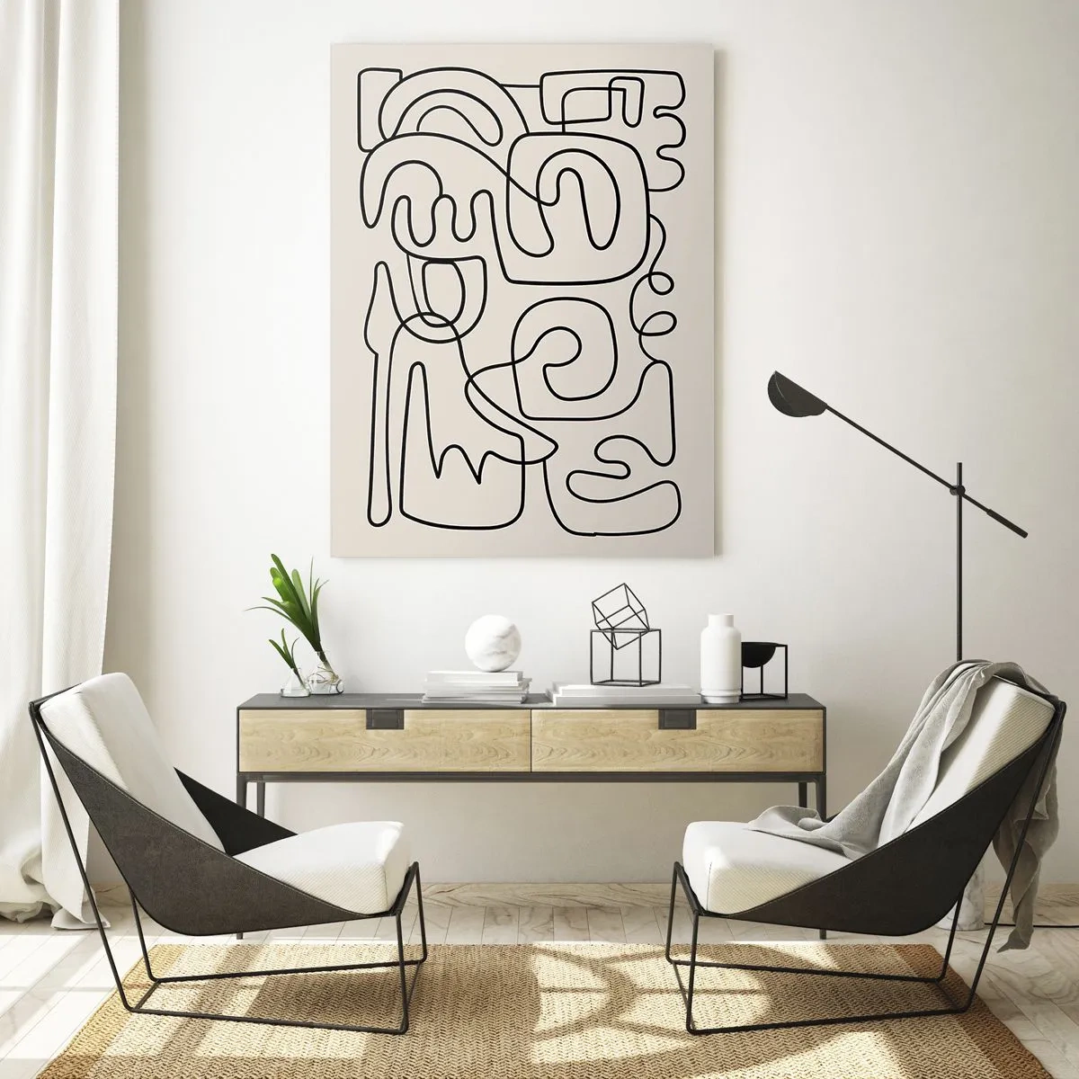 Glasbild - Bild auf glas - Abstraktes Linienkunstmuster in Schwarz auf hellem Hintergrund - 70x100cm - Folge der Spur - Moderne Wanddekoration für Wohnzimmer und Schlafzimmer ARTTOR