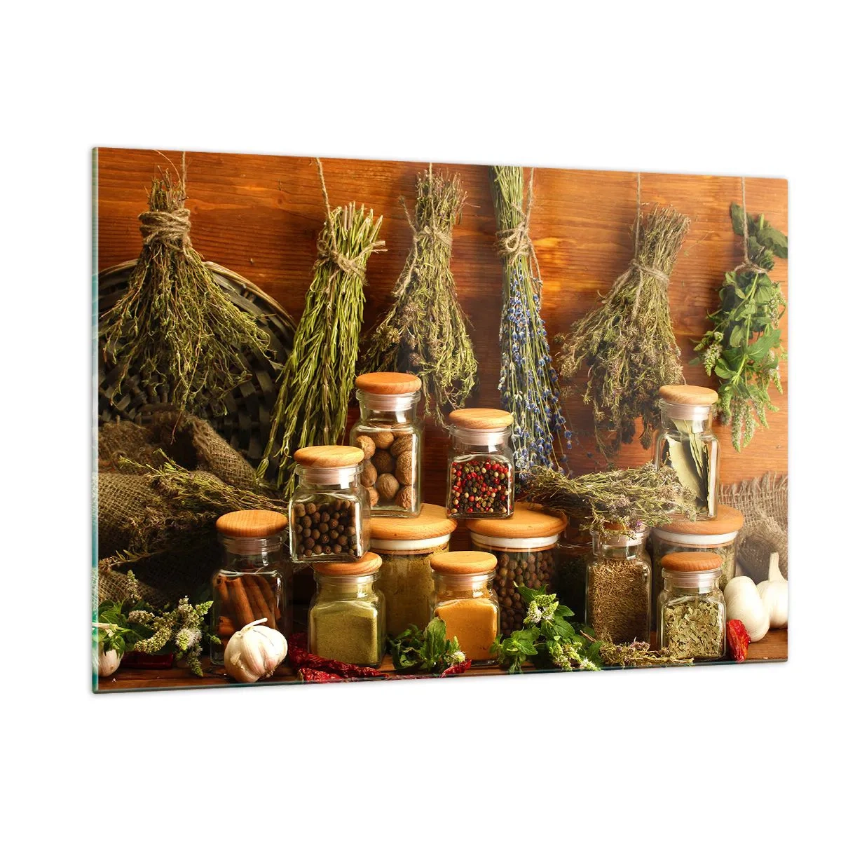 Glasbild - Bild auf glas - Kräuter und Gewürze in Gläsern auf einem hölzernen Hintergrund - 120x80cm - Küchenzauber - Moderne Wanddekoration für Wohnzimmer und Schlafzimmer ARTTOR