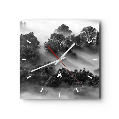 Wanduhr - Glasuhr - Schwarz-weiße Waldlandschaft im Morgennebel - 30x30cm - Aufstehend aus dem Schlaf - Moderne Wanddekoration für Wohnzimmer und Schlafzimmer ARTTOR